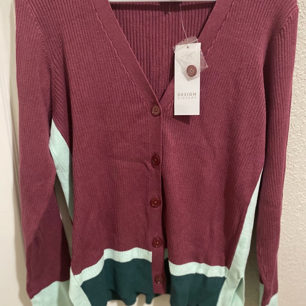 Design History Burgundy and Teal Cardigan